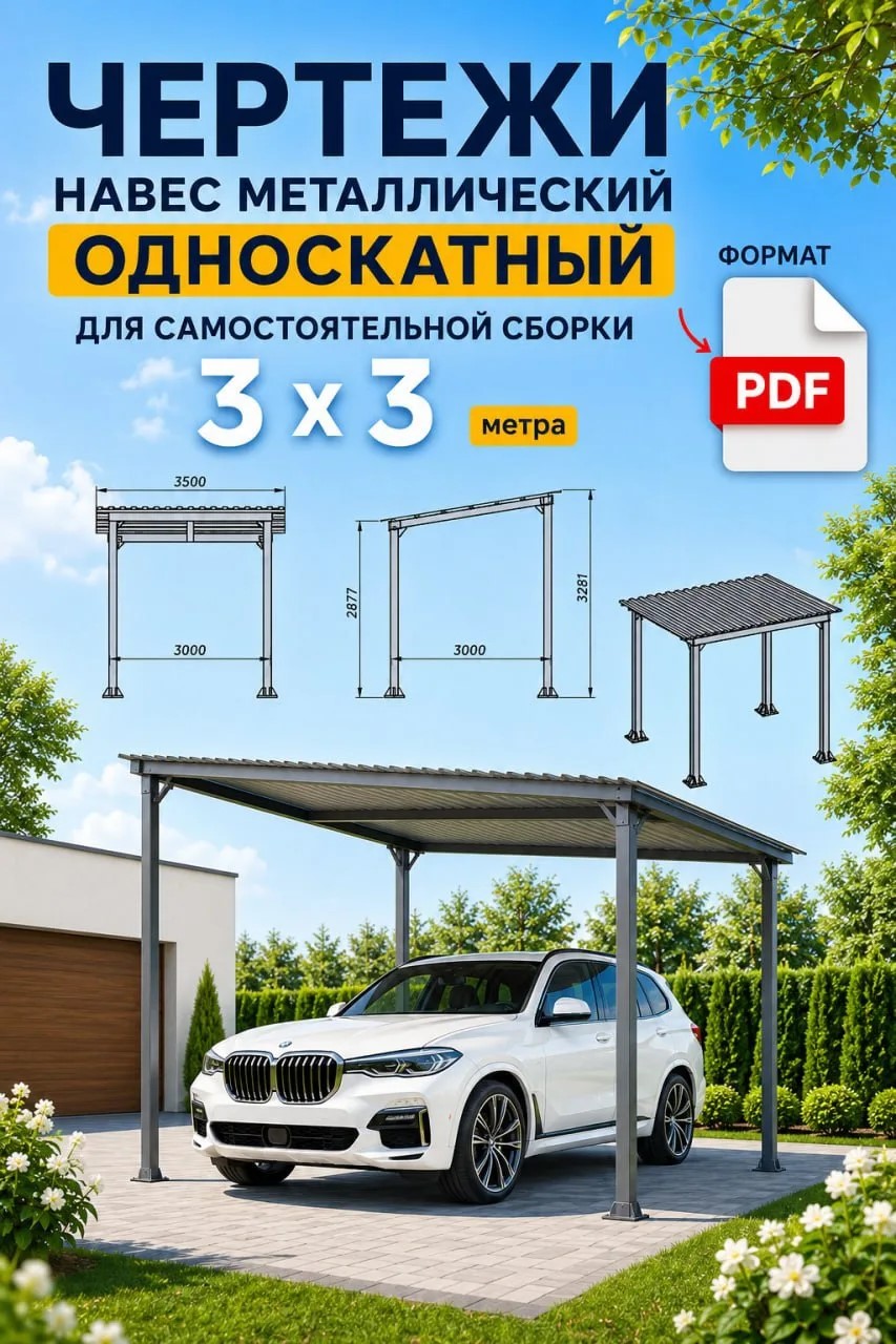 Чертежи навеса 3×3 м из металла / Готовый проект для строительства своими руками / PDF