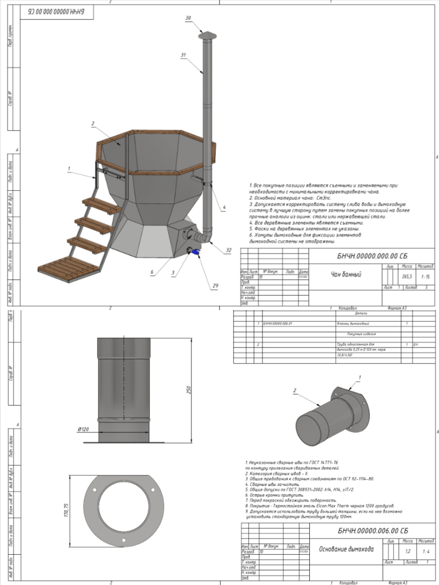 Чертеж банного чана из черн. 170 см (с раскроем под ЧПУ)